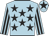 light blue, black stars, striped sleeves, black star on cap