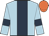 light blue, dark blue stripe, dark blue armlets, orange cap
