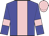 blue, pink stripe, pink armlets on sleeves, pink cap
