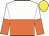 white and orange halved horizontally, halved sleeves, yellow cap