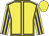 Yellow, purple seams, striped sleeves, yellow cap