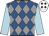 Royal blue and grey diamonds, light blue sleeves, white cap, black diamonds