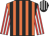 Orange and black stripes, red and white striped sleeves, black and white striped cap