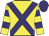 Yellow body, purple cross belts, yellow arms, purple hooped, purple cap