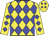 Yellow body, blue diamonds, yellow arms, blue diamonds, yellow cap, blue diamonds
