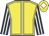 Yellow, white seams, dark blue and white striped sleeves, yellow cap, white diamond