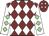 Maroon and white diamonds, white sleeves, light green diamonds