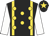 Black, gold braces and spots, white sleeves, gold star on cap