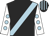 Black, light blue sash, white sleeves, light blue spots, black and light blue striped cap