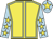 Yellow, light blue seams, light blue sleeves, yellow stars, light blue cap, yellow star