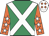 Emerald green, white cross belts, orange sleeves, white stars, white cap, orange diamonds