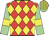 Red and yellow diamonds, light green sleeves, yellow armlets, striped cap