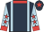 Dark blue, light blue braces and sleeves, red stars,collar and cuffs, dark blue cap, red star