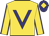 Gold, navy blue v bib, gold sleeves, navy blue seams and cap, gold diamond