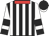 Black and white stripes, red collar, white sleeves, black armbands, cuffs and cap, white peak