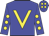Blue, yellow 'v' bib, blue and yellow spotted sleeves and cap