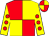 Red body, yellow quartered, yellow arms, red spots, red cap, yellow quartered