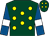 Dark green, yellow spots, royal blue sleeves, white armlets, dark green cap, yellow diamonds