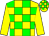 yellow, green checks, yellow sleeves, green checks on cap