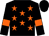 black, orange stars, black sleeves, orange armlets, black cap