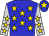 blue, gold stars, silver sleeves,gold stars, blue cap, gold star