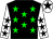 black, green stars, white sleeves, black stars, white cap, black star