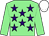 Light green, purple stars, light green sleeves, white cap