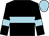 Black, light blue hoop, black sleeves, light blue armlets, light blue cap