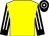 Yellow, black and white striped sleeves, black cuffs, black and white hooped cap