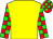 Yellow, red and green checked sleeves, red and green checked cap