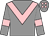 grey, pink chevron, grey sleeves, pink armlets, grey cap, pink spots