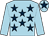 Light blue, dark blue stars, light blue sleeves, dark blue star on cap