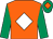 Orange, white diamond, emerald green sleeves, emerald green cap, orange diamond