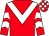 Red, white chevron, white chevrons on sleeves, check cap
