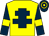 yellow, dark blue cross of lorraine, dark blue sleeves, yellow armlets, dark blue cap, yellow hoops