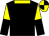Black, yellow collar, yellow and black halved sleeves, quartered cap