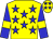 Yellow, blue stars, Blue sleeves, Yellow armlets, Yellow cap, Blue stars
