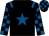 Black, royal blue star, epaulets, checked sleeves, checked cap