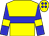 Yellow body, blue hoop, blue arms, yellow armlets, yellow cap, blue spots