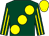 Dark green, large yellow spots, striped sleeves, yellow cap