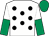 White, black spots, white and emerald green halved sleeves, emerald green cap
