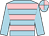 Light blue, pink hoops, light blue sleeves, quartered cap