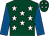 Dark green, white stars, royal blue sleeves