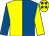 Royal blue & yellow halved, sleeves reversed, yellow cap, royal blue stars