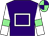 Purple body, white centre(suit), white arms, green-light armlets, green-light cap, purple quartered