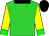 Lime green, yellow sleeves,collar, green cuffs, black cap