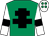 Emerald green, black cross of lorraine, white sleeves, black armlets, white cap, emerald green spots