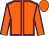 Orange body, blue seams, orange arms, blue seams, orange cap
