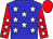 blue, white stars, red sleeves, white stars, red cap