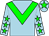Light blue, green chevron, light blue sleeves, green stars, light blue cap, green star